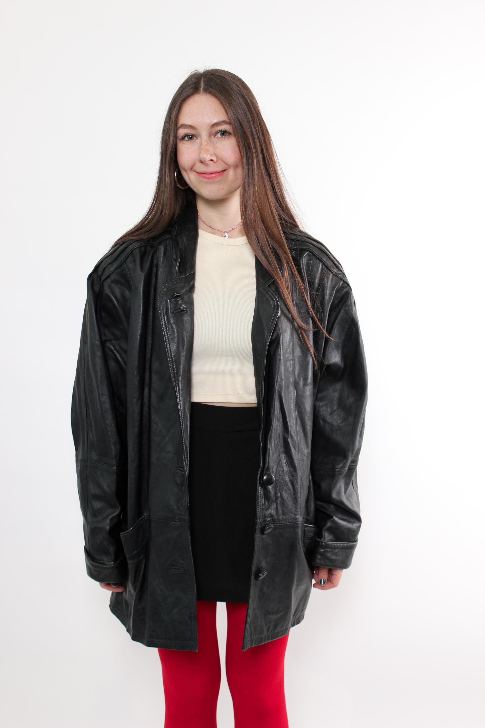 Buy Vintage 80s Oversized Black Leather Jacket, Long Genuine