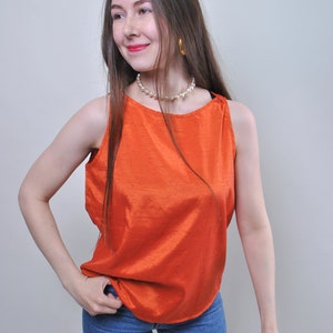 90s crop tank top in shiny orange, vintage minimalist sleeveless blouse, Size M