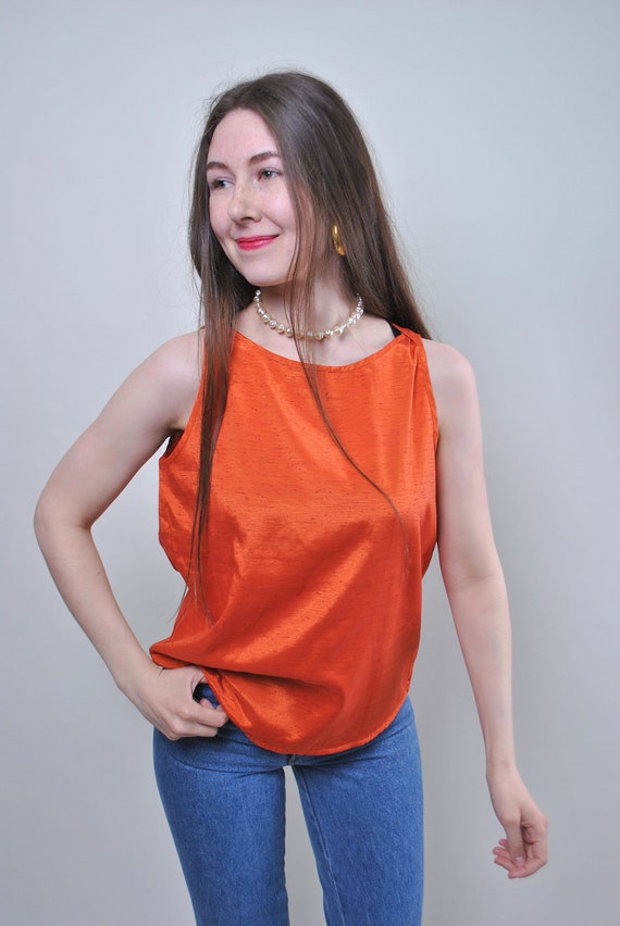 90s crop tank top in shiny orange, vintage minimalist sleeveless blouse, Size M