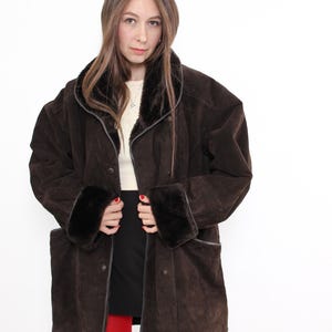 Vintage 90s Brown Leather Overcoat with Faux Fur Trim