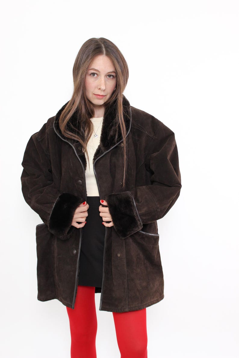 Vintage 90s Brown Leather Overcoat with Faux Fur Trim