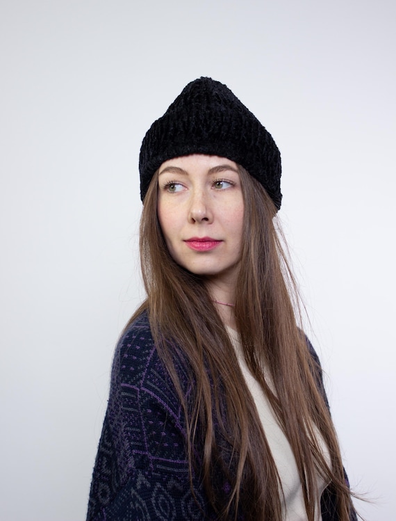 Vintage 90s Black Textured Hat, Soft Polyester Winter Beanie
