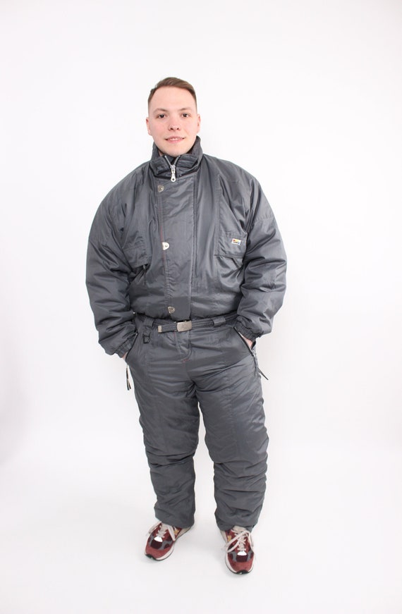 90s Grey Ski Suit Vintage Mens Insulated One Piece Snowsuit Size XL