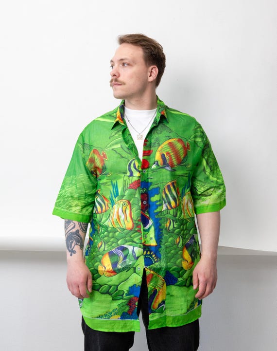 90s Neon Green Hawaiian Shirt Vintage Tropical Fish Aquarium Print Button Up Size XL