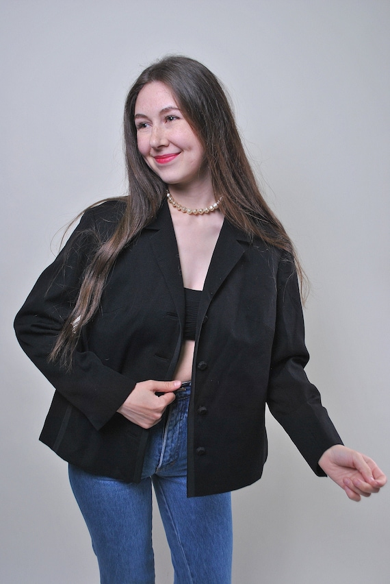 Black Oversized Blazer Notch Lapel Covered Buttons Minimalist Jacket Vintage 90s L