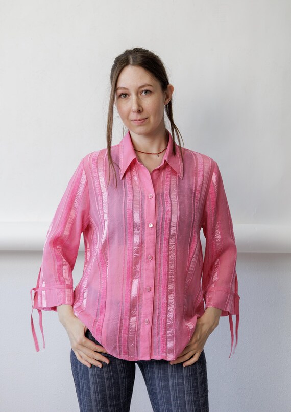 Y2K pink metallic stripe blouse velvet panels sheer shimmer shirt tie cuffs, size Medium