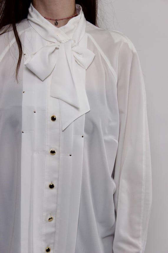 90s White Puff Sleeve Blouse Pussy Bow Sheer Button up Top Size L