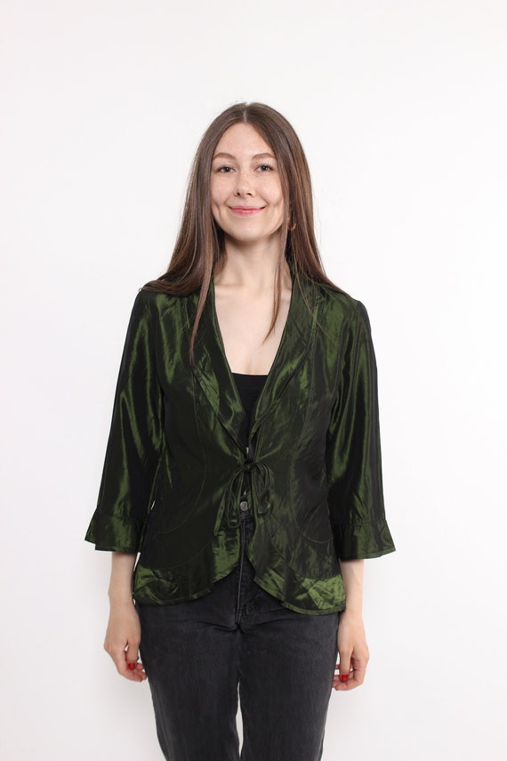 90s shiny green front tie blouse, vintage deep v crop blouse, Size M