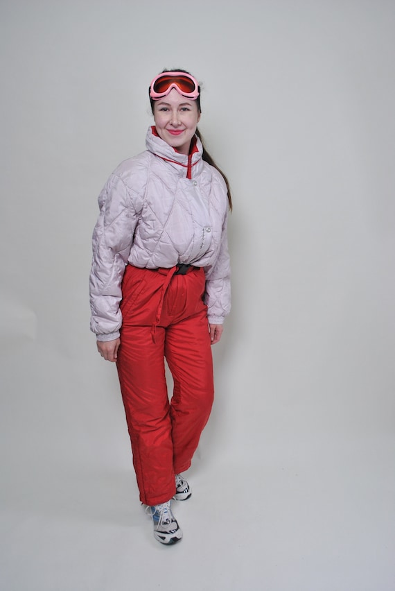 Vintage 90s One Piece Ski Suit, Retro Colorblock Red & White Snowsuit, Size M