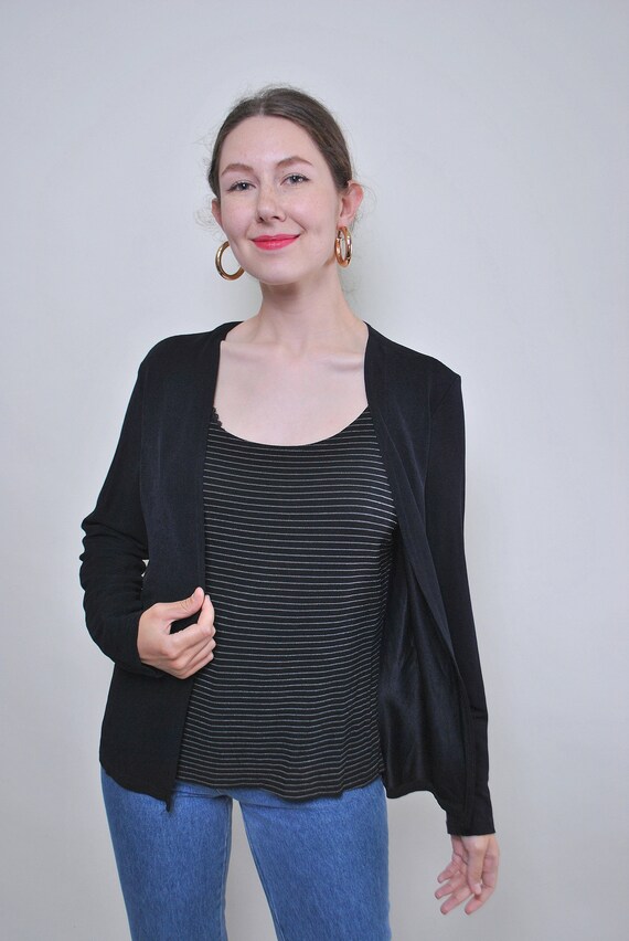 Vintage black minimalist blouse, 90s striped shirt for work, Size L