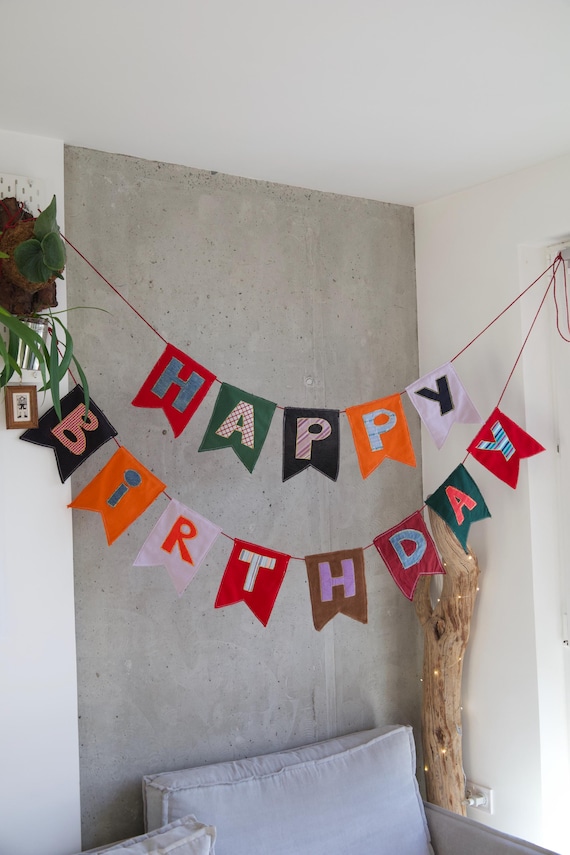 Upcycled Fabric Happy Birthday Banner Bunting Flags