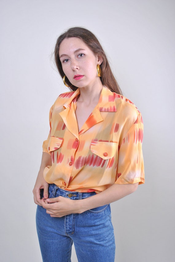 80s orange pattern vocation women blouse, Size L