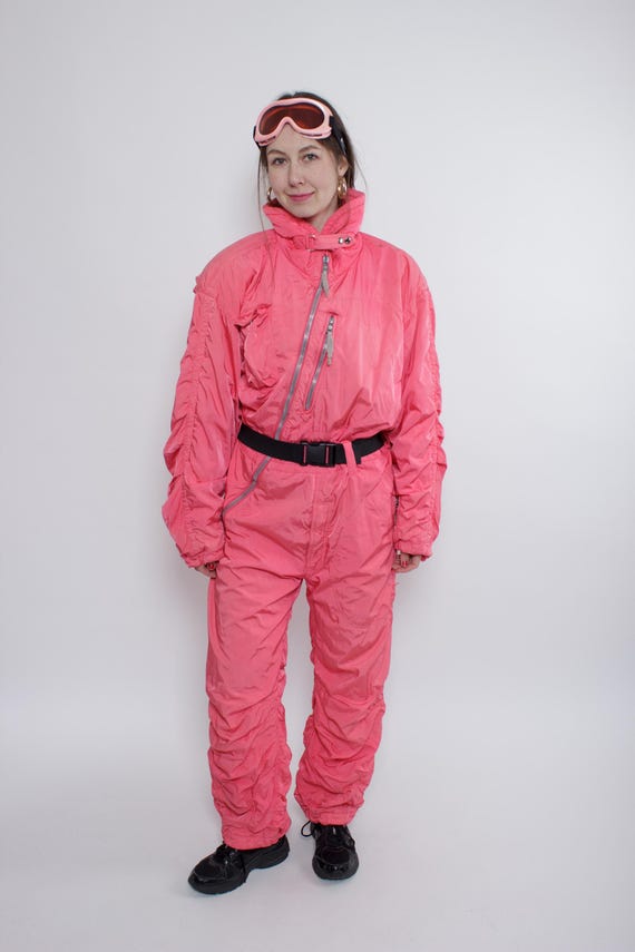 Vintage 90s One Piece Ski Suit, Retro Women’s Pink Snowsuit, Size L
