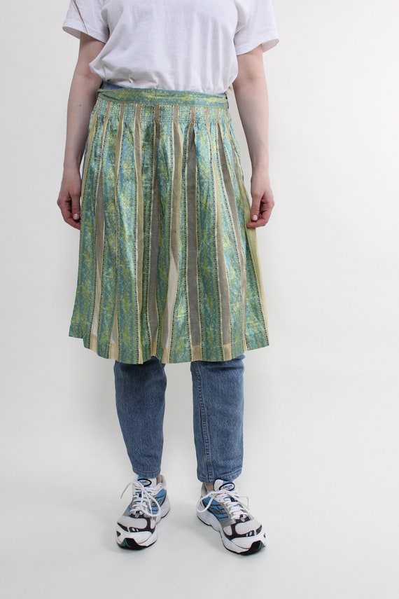 90s Green Floral Striped Half Apron Pleated Vintage Cottagecore Kitchen Tie Waist