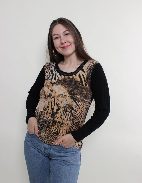 Y2K Leopard Print Blouse Vintage Black Sleeve Beaded Neck Top Size L
