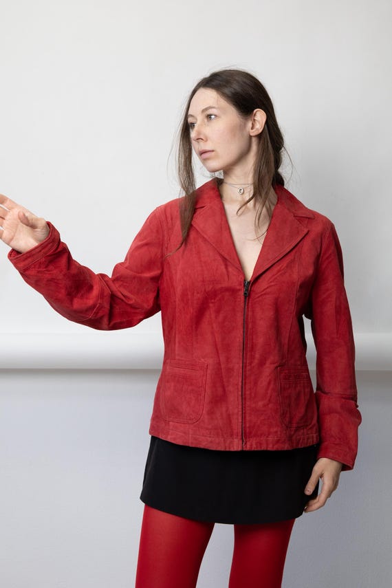 Vintage Red Suede Leather Jacket Zip Front Size M