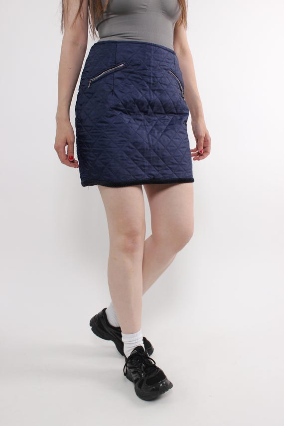 90s Blue Quilted Mini Skirt: Vintage French Winter Polyester Skirt