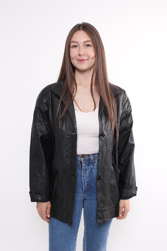 90s Vintage black Leather Blazer, Womens Retro Fall Spring Trench Coat, Size M