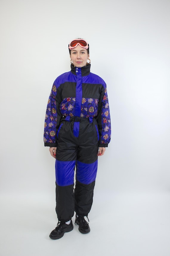 Vintage 90s One Piece Ski Suit, Color Block Purple Black Snowsuit Women, Size M