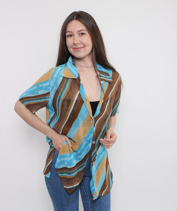 Vintage French Stripe Blouse Size M, 70s Diagonal Print Sheer Top Boho Turquoise Shirt