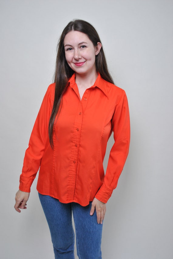 Vintage 90s Flame Orange Satin Shirt, Tomato Red Pointed Collar Button Down Size L