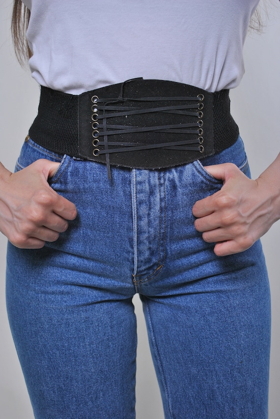90s wide stretchy belt in black, vintage elastic belt with front tie