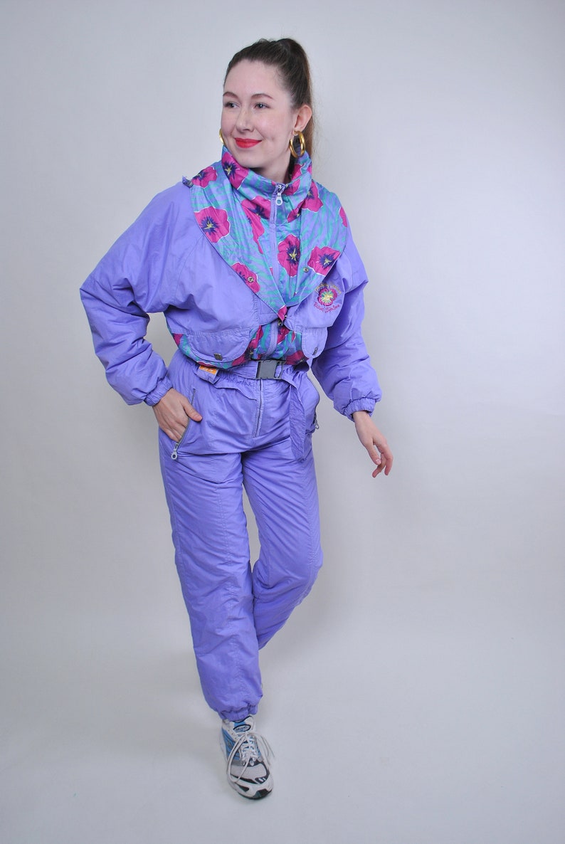 Vintage one piece flowers ski suit purple retro snow suit Size M