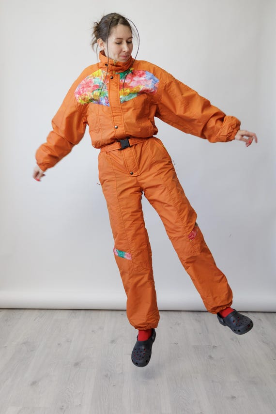 90s Burnt Orange Watercolor Floral Vintage Ski Suit Printed Lining Snowsuit Hood Size M