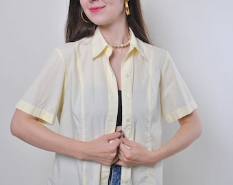 90s vintage minimalist yellow blouse with short sleeve, Size M