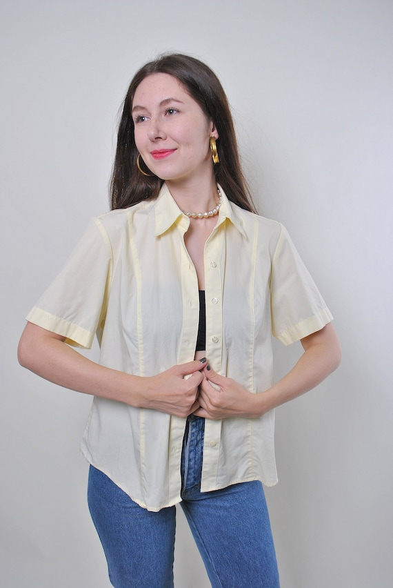 90s Vintage Yellow Blouse: Minimalist Short Sleeve Top, Size M