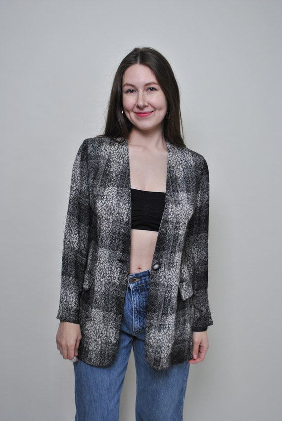 90s Grey Check Collarless Blazer Vintage One Button Longline Viscose Minimalist Jacket Medium