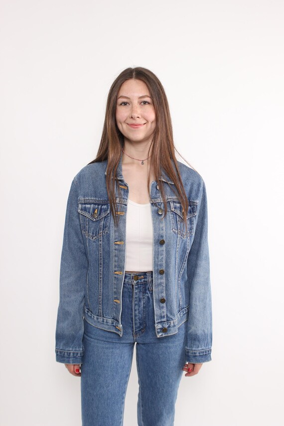 Oversized 90s Blue Denim Trucker Jacket with Gold Buttons, Women L