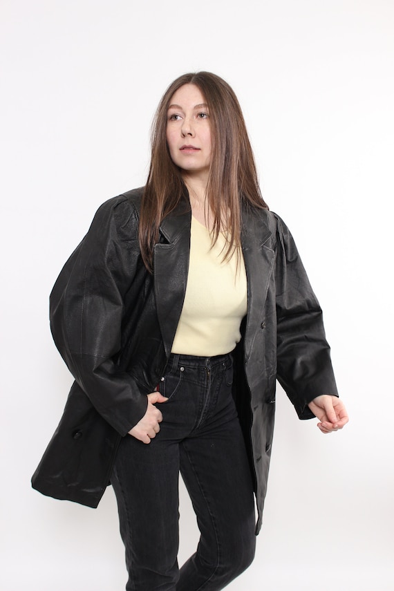 90s Black Leather Trench Coat Vintage Double Breasted Oversized Boxy Blazer Jacket Size M
