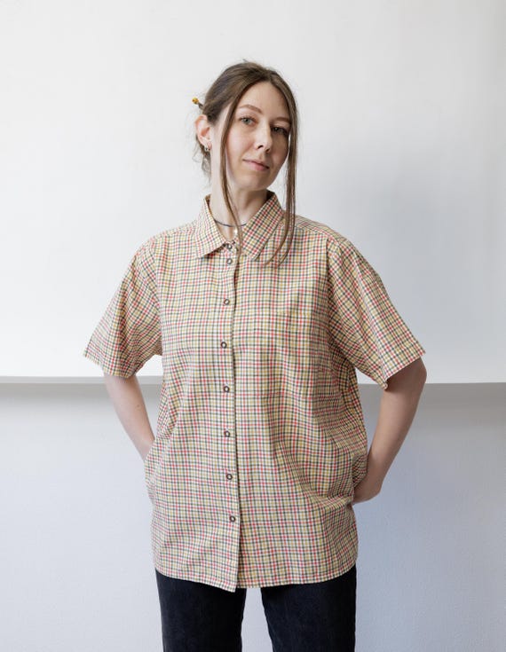 90s Tattersall Check Plaid Shirt Vintage Cotton Oversized Boxy Button Up Top L
