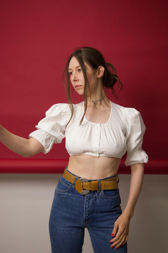Vintage White Cotton Puff Sleeve Crop Top Button Front Made in Austria Size XS/S