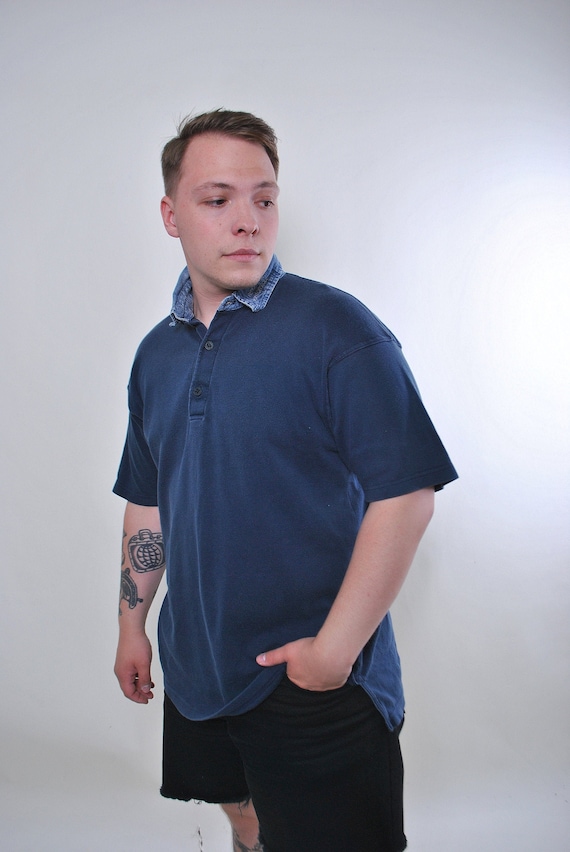 90s Vintage Denim Collar Polo Shirt - Plus Size Heavy Cotton XL