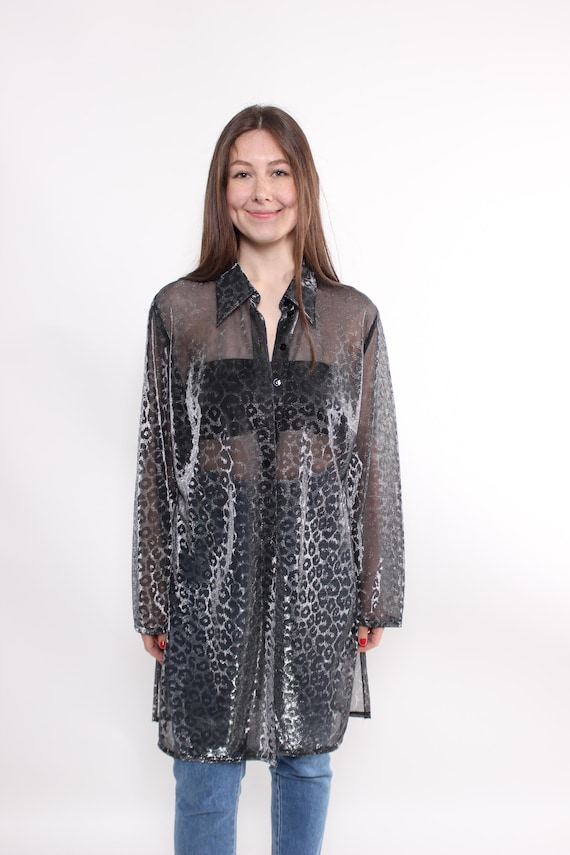90s Sheer Leopard Print Shirt Vintage Metallic Longline Tunic Blouse Size XL