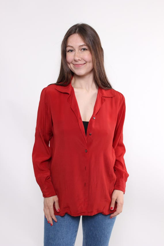 90s Deep Red Blouse Vintage Open Collar Silky Drape Button Up Size L