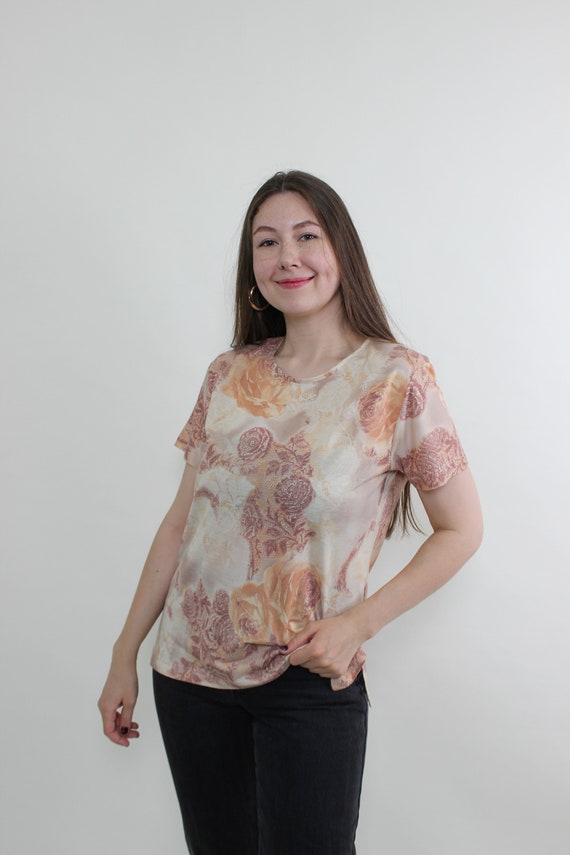 90s flowers printed blouse, vintage beige floral pullover blouse, Size S