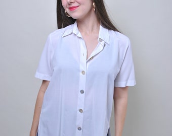 90s white minimalist blouse, vintage short sleeve summer retro blouse, Size L