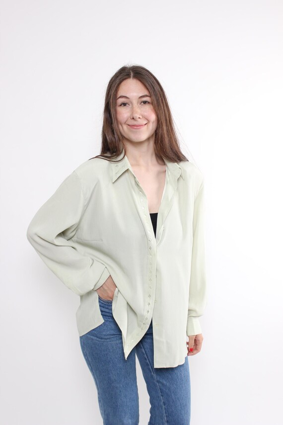 Vintage Minimalist Green Blouse, 90s shoulder pads lightweight oversized shirt, Size L