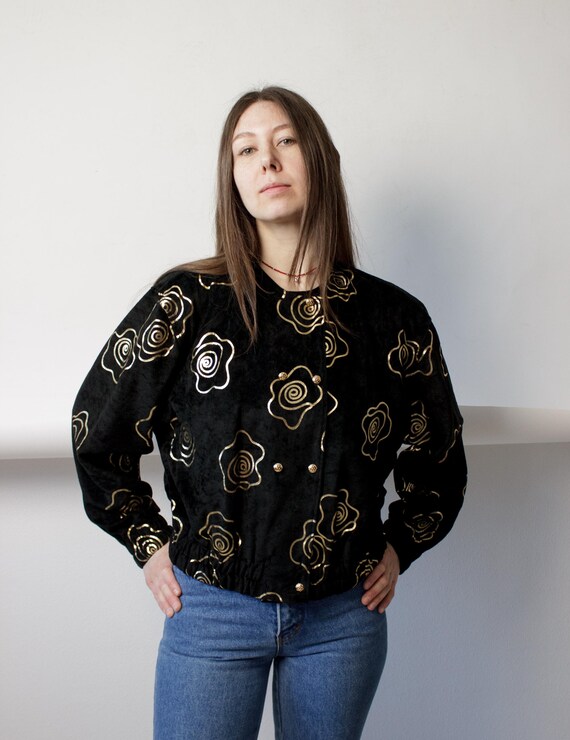 Black Gold Rose Print Velvet Jacket 80s Vintage Metallic Foil Cropped Bomber Size M