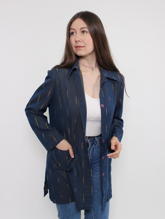 Vintage Navy Ikat Duster Shirt, Gold Flame Woven Boho Top M