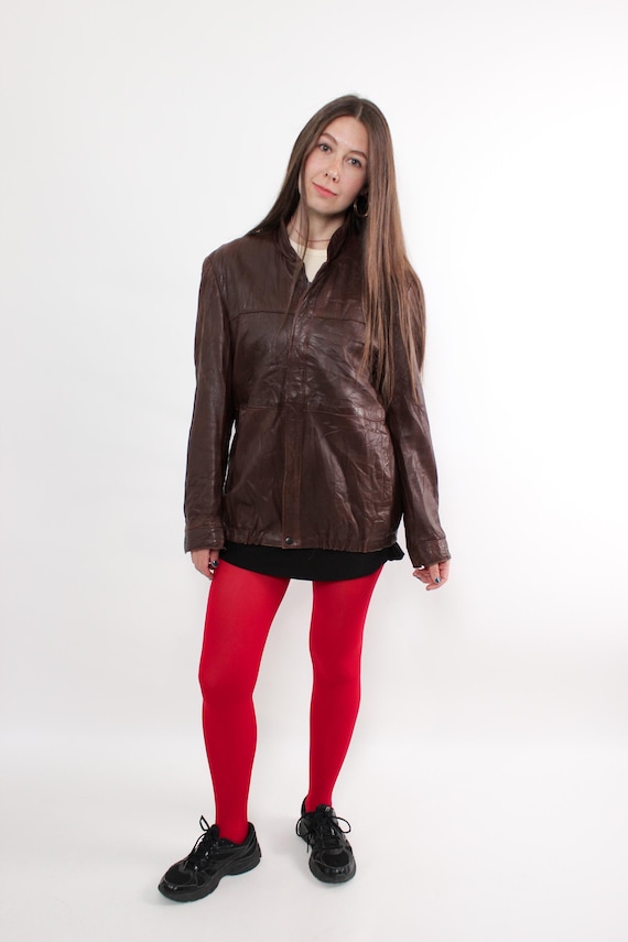 Vintage 90s Brown Leather Jacket with Polyester Lining, Retro oversized leather coat, Size L