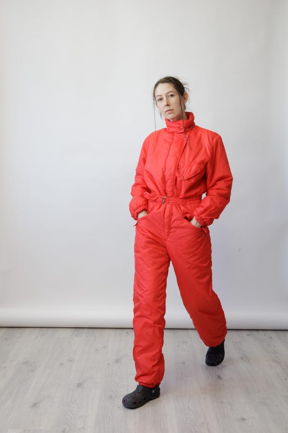 80s Tomato Red VdeV Vintage Ski Suit Made in Paris France One Piece Snowsuit Size M