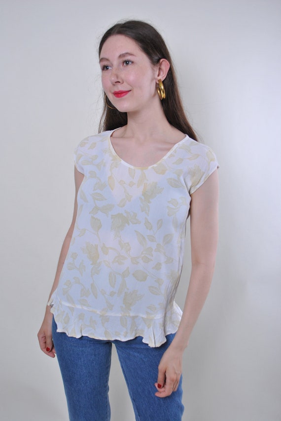 Vintage 90s Floral Ruffle Blouse, White Botanical Print Cottagecore Top