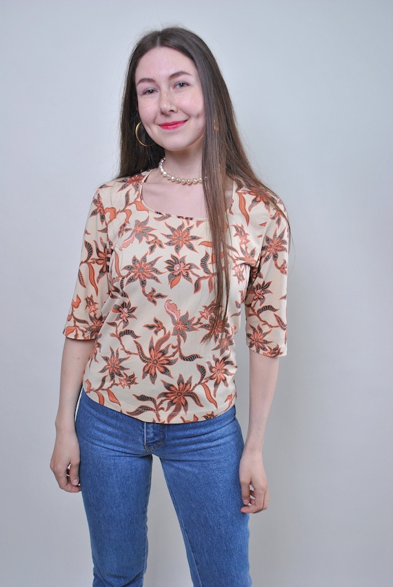 Vintage 90s Floral Print Blouse - Beige Pullover Top, Size L