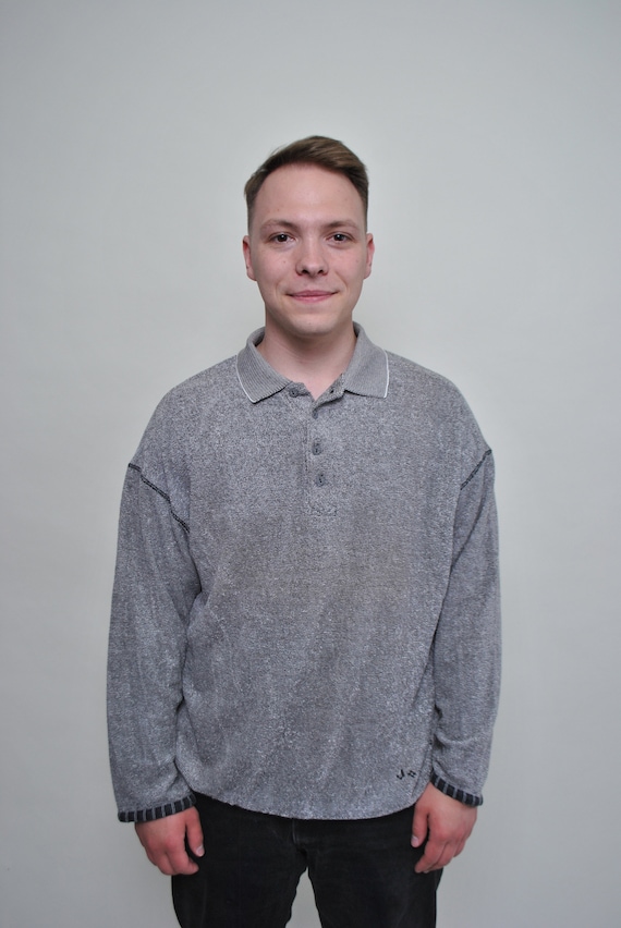 Y2k Grey Collared Polo Sweatshirt Blue Speckle Back Print Oversized Knit Medium