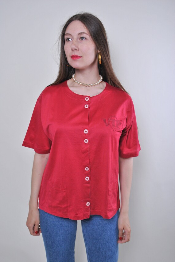 Vintage Red Tonal Embroidered Cotton Blouse, Y2K Heart Monogram Shirt