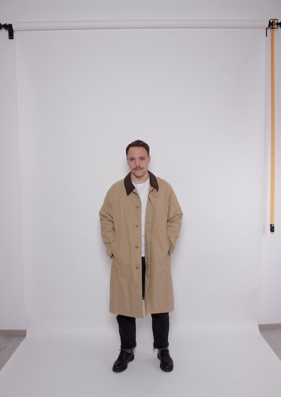 Vintage Trench Coat With Leather Collar Beige Long Coat Mens L XL